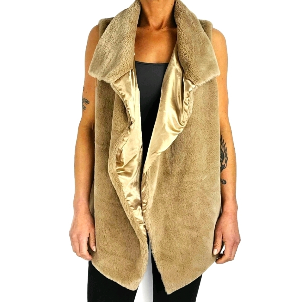 Philosophy Faux Fur Vest Cardigan Jacket Size Large Brown Satin Tan
